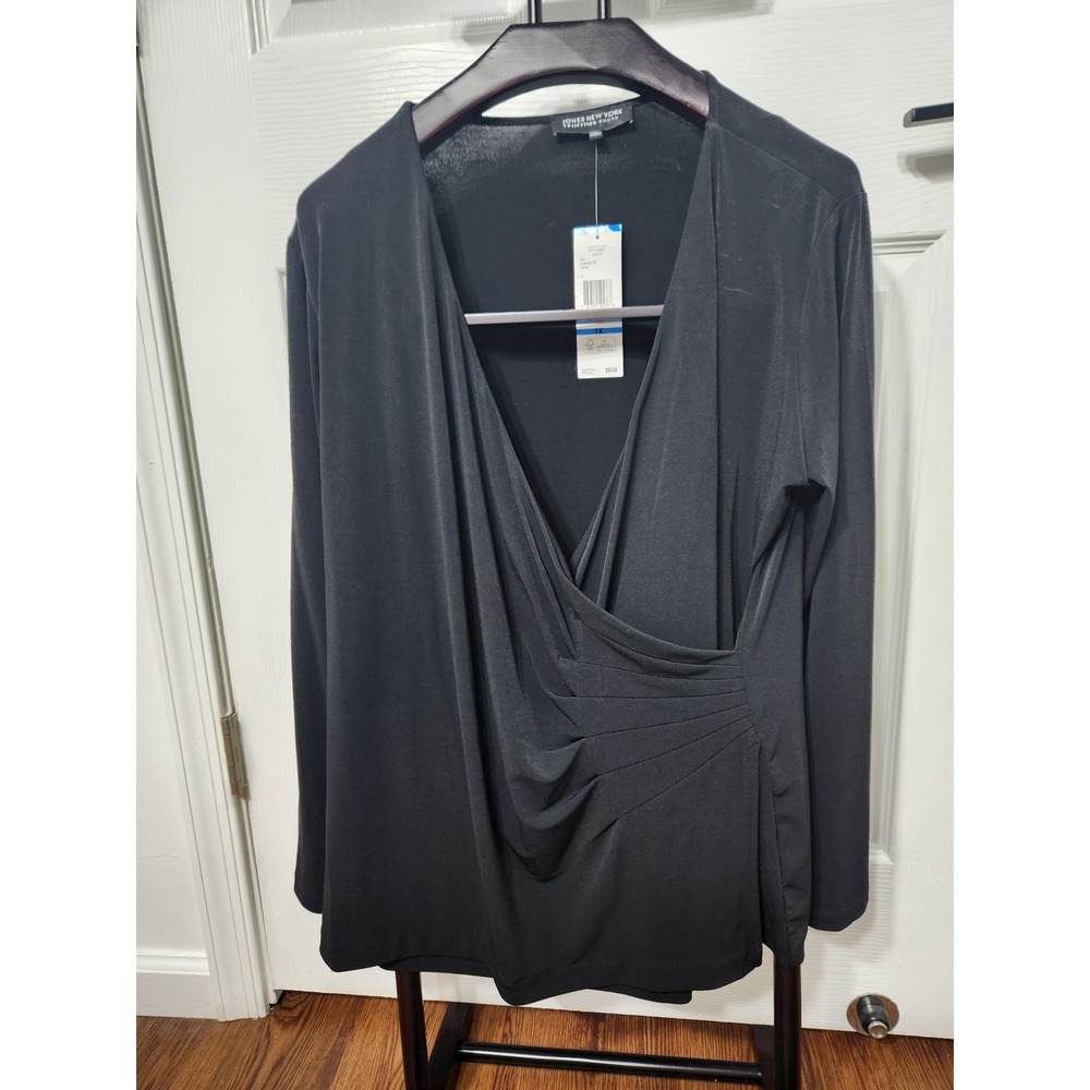 Jones New York Collection Woman Black Surplice Ruched Top 1X NWT 10444610-3WC